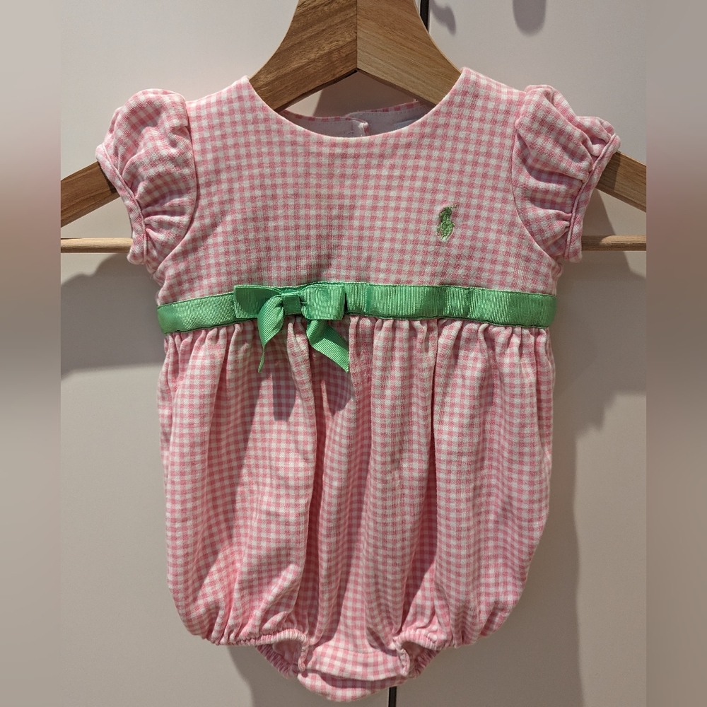 Ralph Lauren Pink Gingham Baby Dress with Green Logo